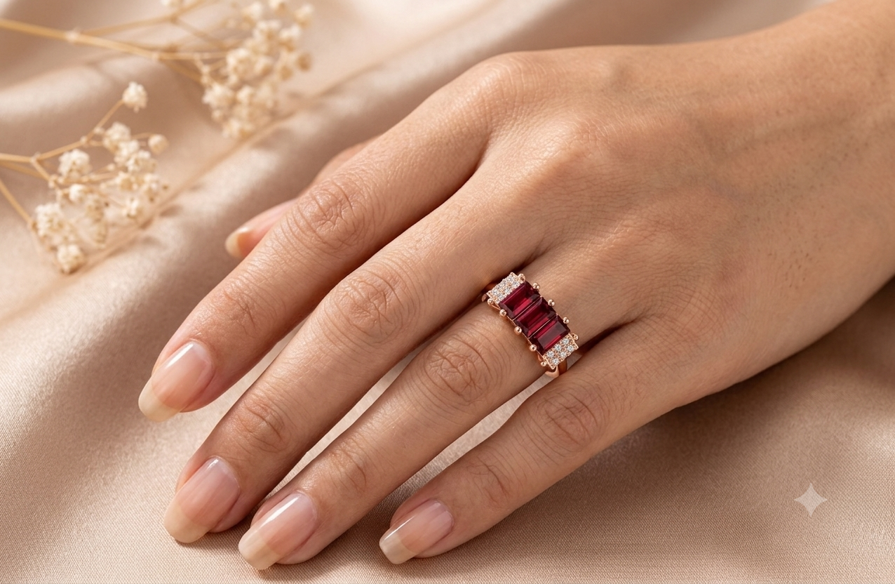 Three-Stone Rhodalite Garnet & Diamond Ring - 2